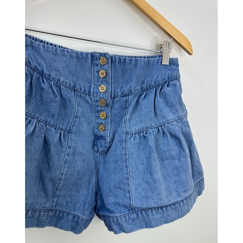 Bohme Blue Denim Tiered Ruffle Shorts Medium Wash Button Front High Rise Size M - Picture 5 of 13